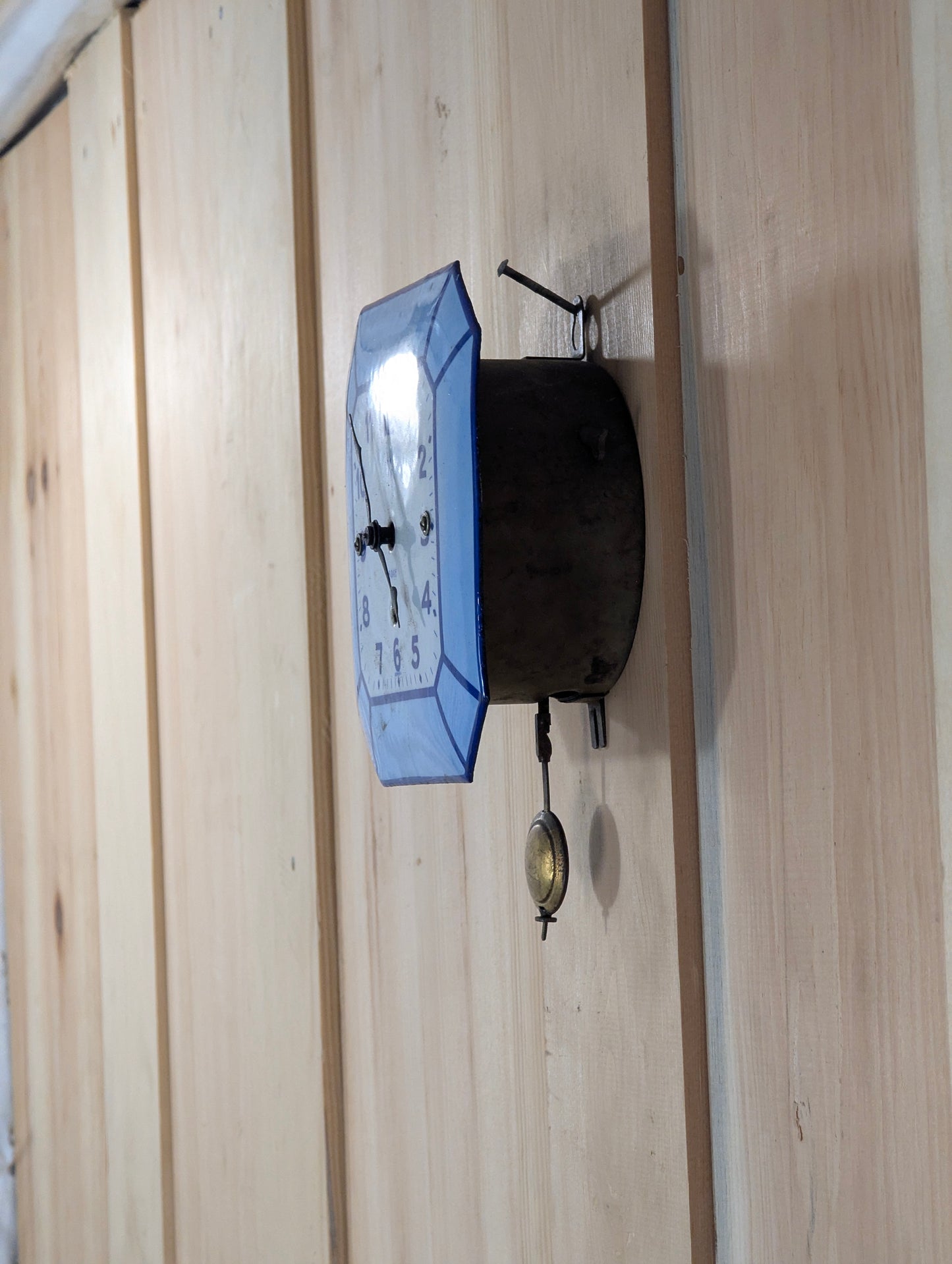 German Made Enamelled White & Blue 8- Day Wall Clock