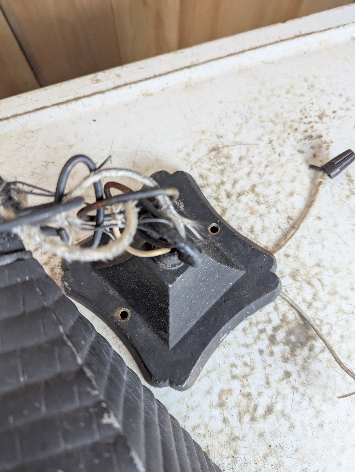 1940’s Cast Aluminum 2 Wall Sconces & Pendant Porch Light with Pressed Amber Glass Paness