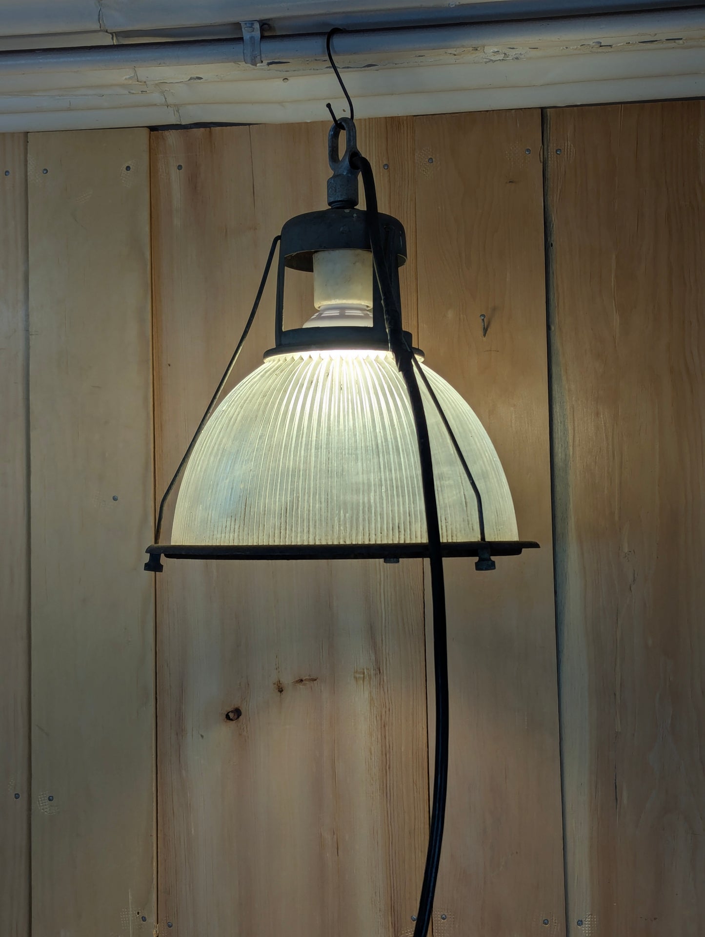 Vintage Industrial Factory Pendant Plug in Light with Holophane Ribbed Glass Shade