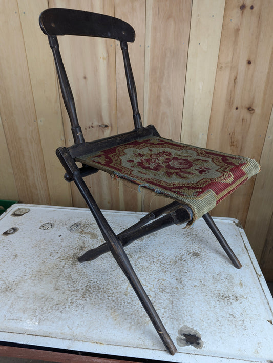 19th Century Folding Camp Chair with Needlepoint Tapestry Carpet Seat