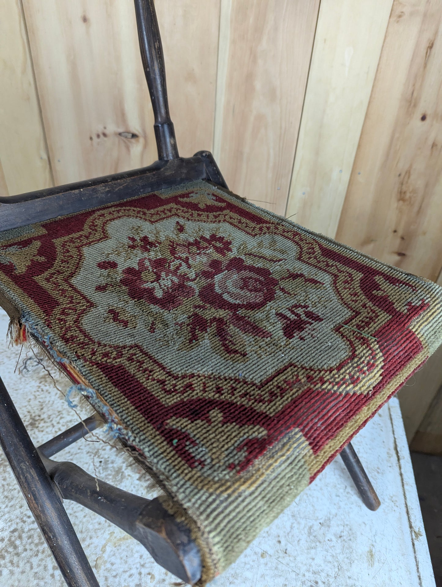 19th Century Folding Camp Chair with Needlepoint Tapestry Carpet Seat