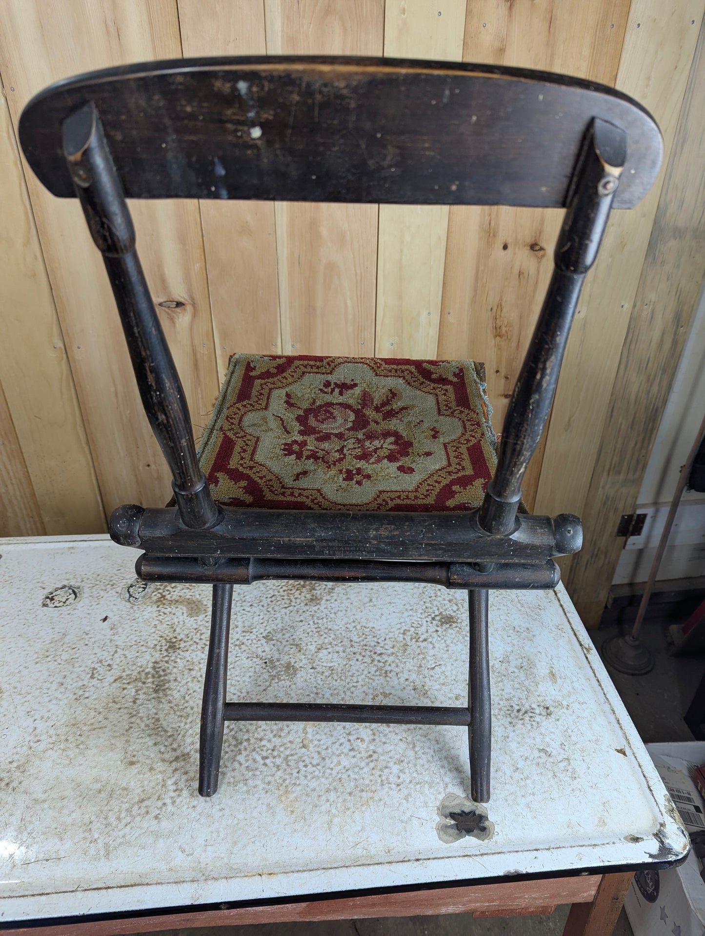 19th Century Folding Camp Chair with Needlepoint Tapestry Carpet Seat