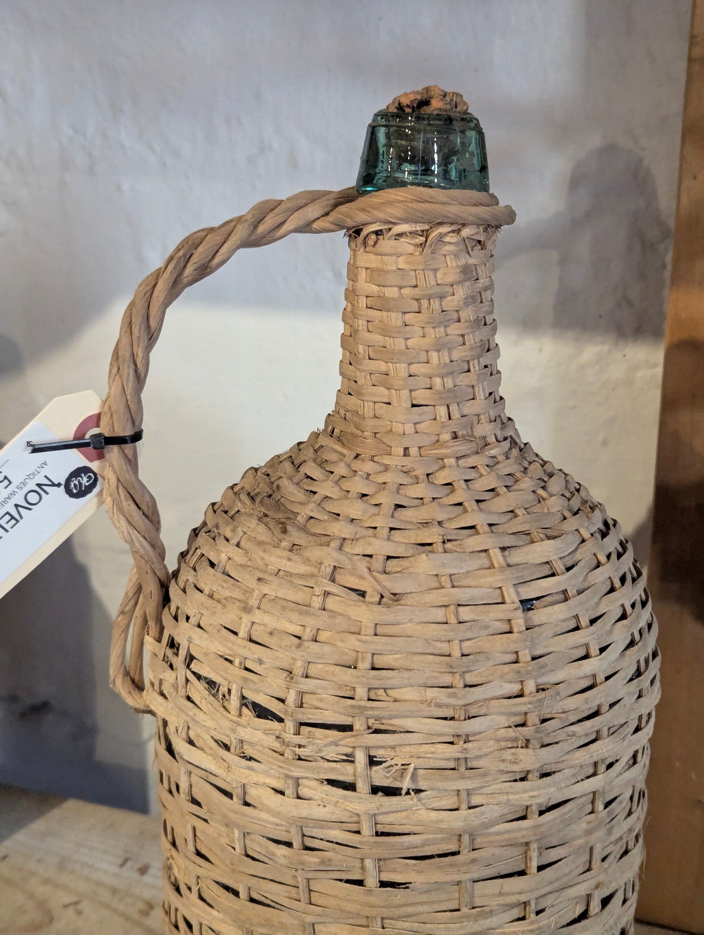 Antique Wicker Wrapped Aqua Glass Carboy