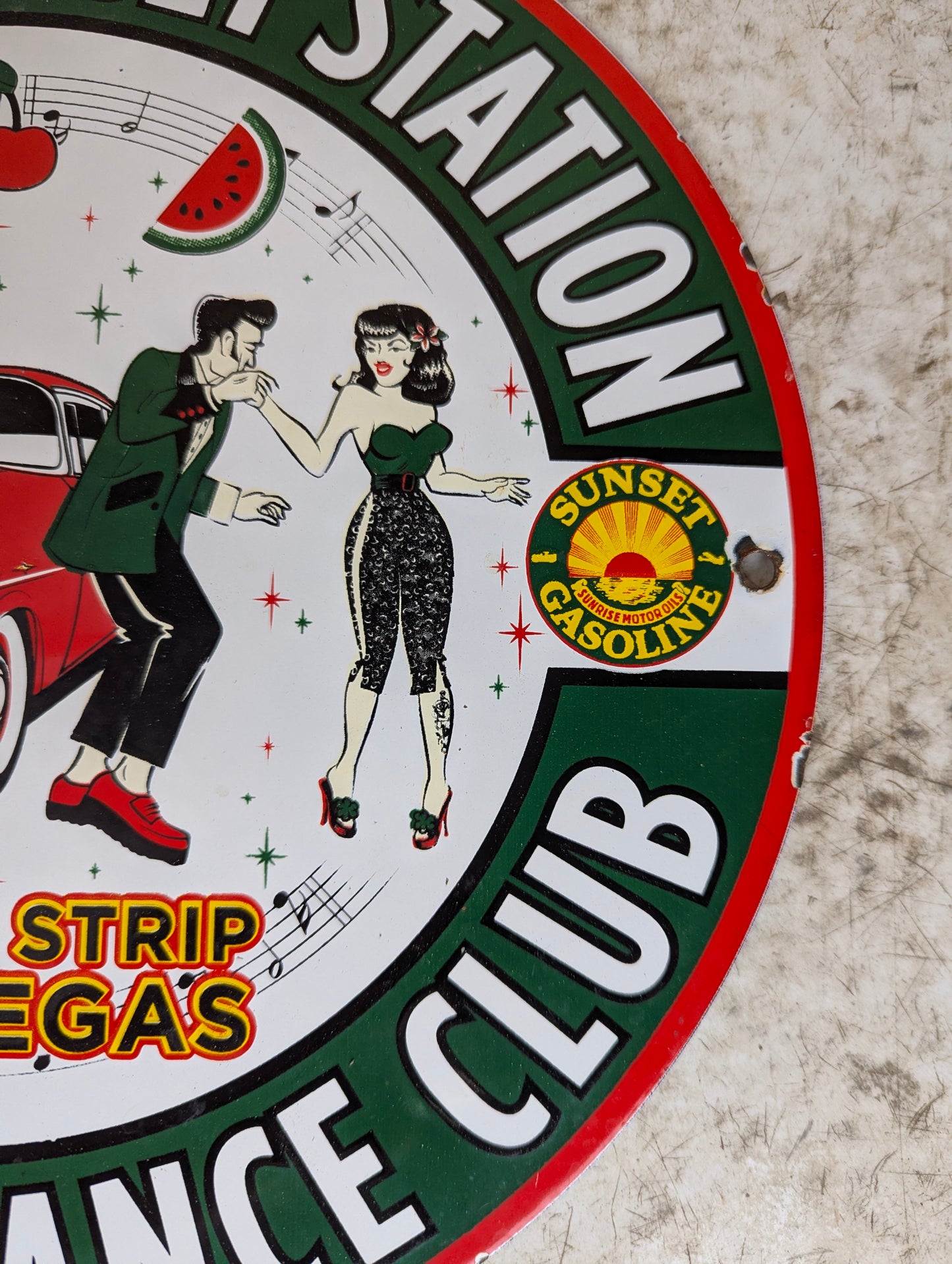 1957 Porcelain 12” Stella’s Sunset Station Gas Station Advertisement