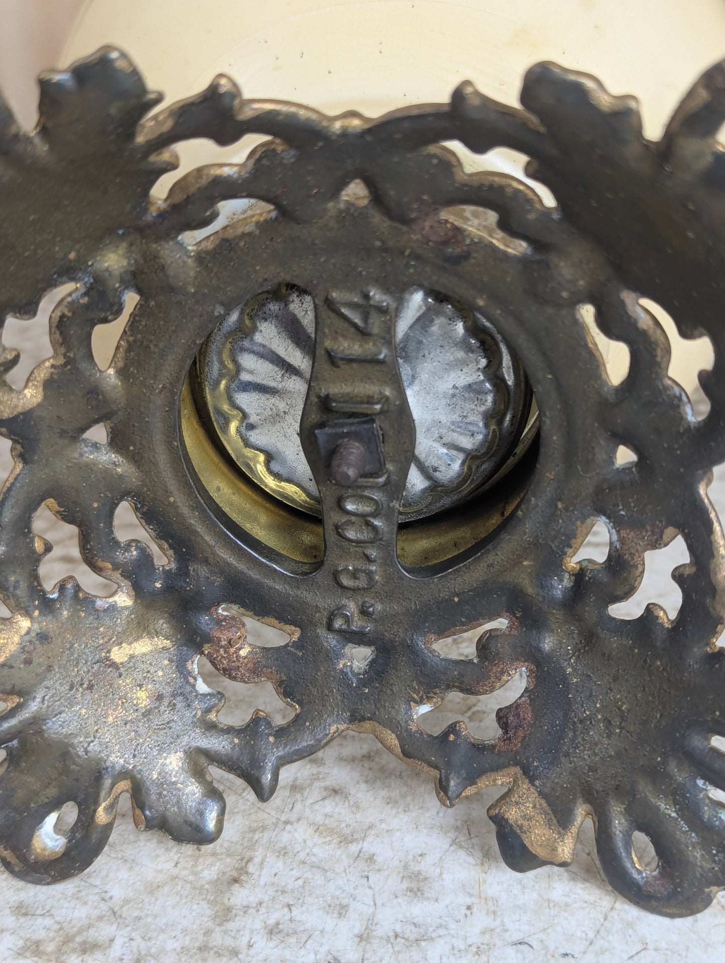 Antique P G Co. Painted Glass Parlour Oil Lamp