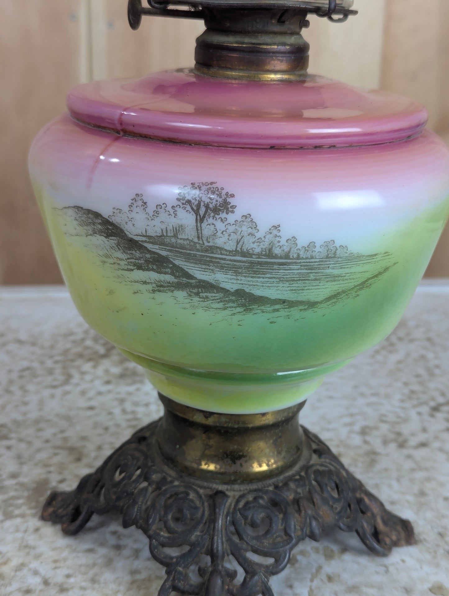 Antique Pastoral Printed Scene Oil Lamp