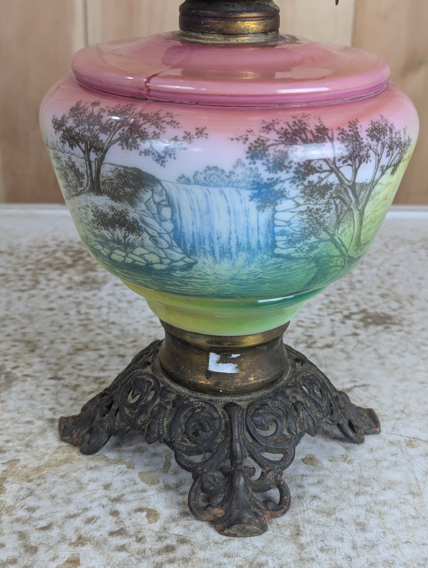 Antique Pastoral Printed Scene Oil Lamp