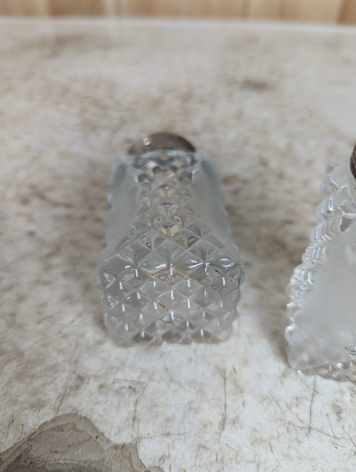 Pair of Vintage Diamond Pattern Cut Glass Salt and Pepper Shakers