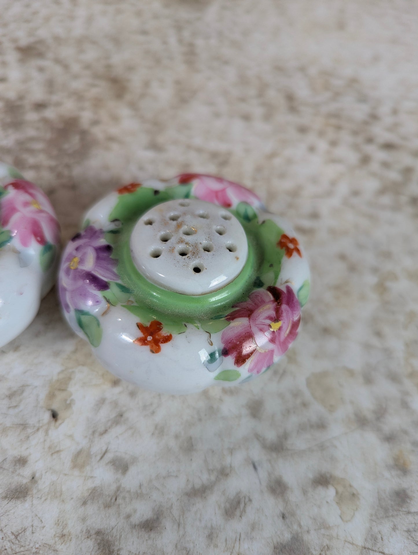 Set of Antique Flower-shaped Porcelain Salt and Pepper Shakers