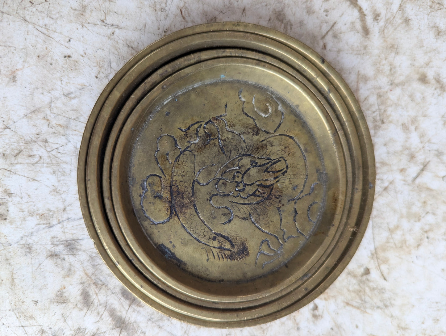 Set of 4 Vintage Chinese Etched Brass Dishes