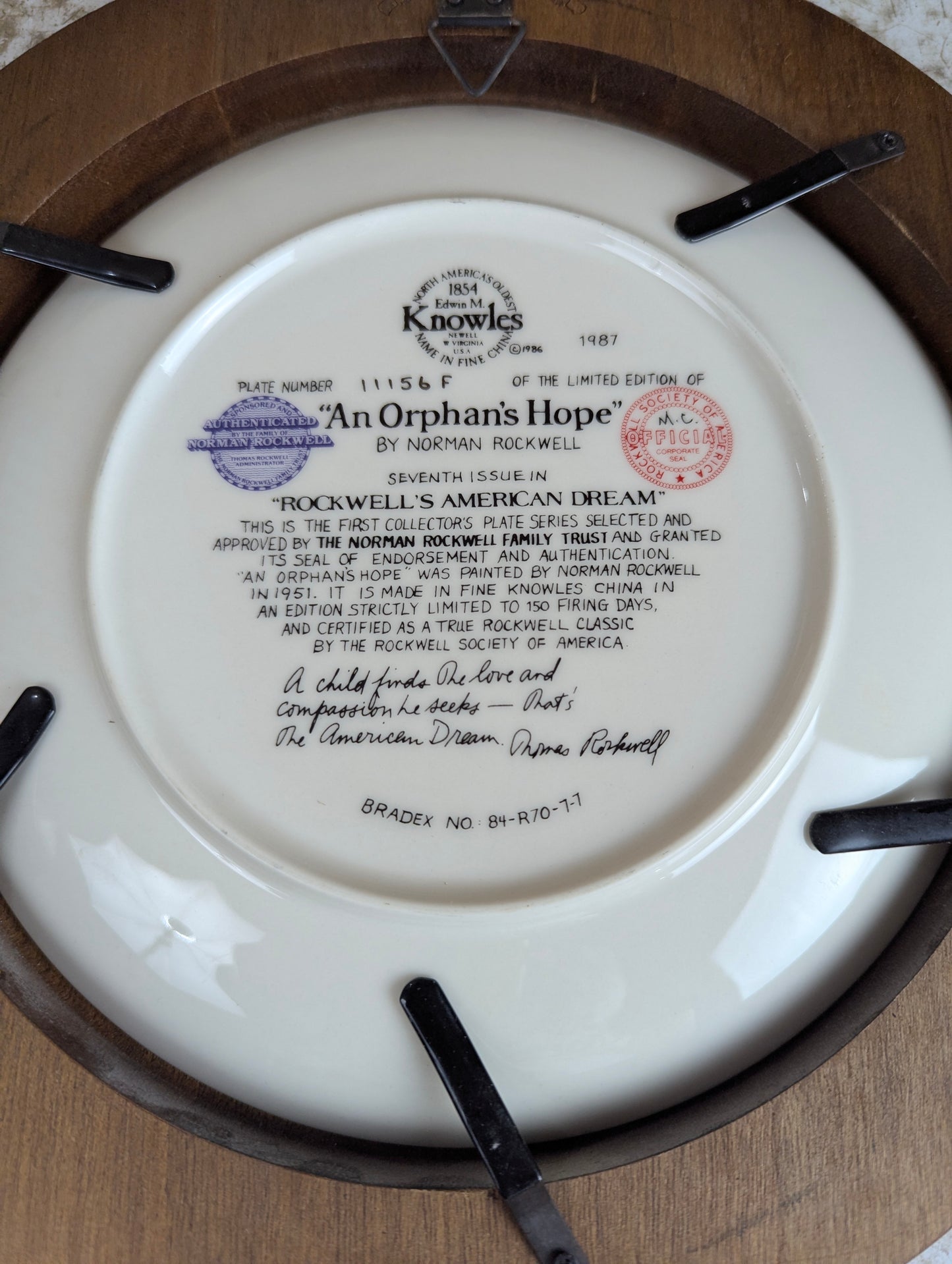 'An Orphan's Hope' Norman Rockwell Framed Knowles Collector Plate