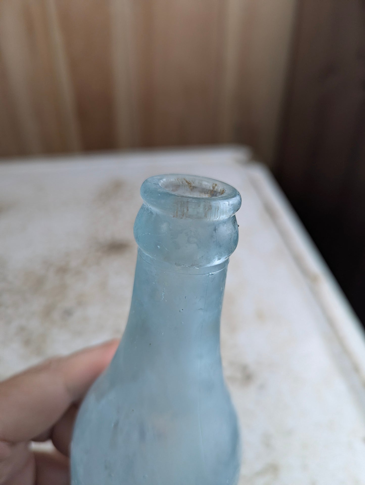 C Feuman Toronto Antique Embossed Aqua Blue Glass Soda Bottle