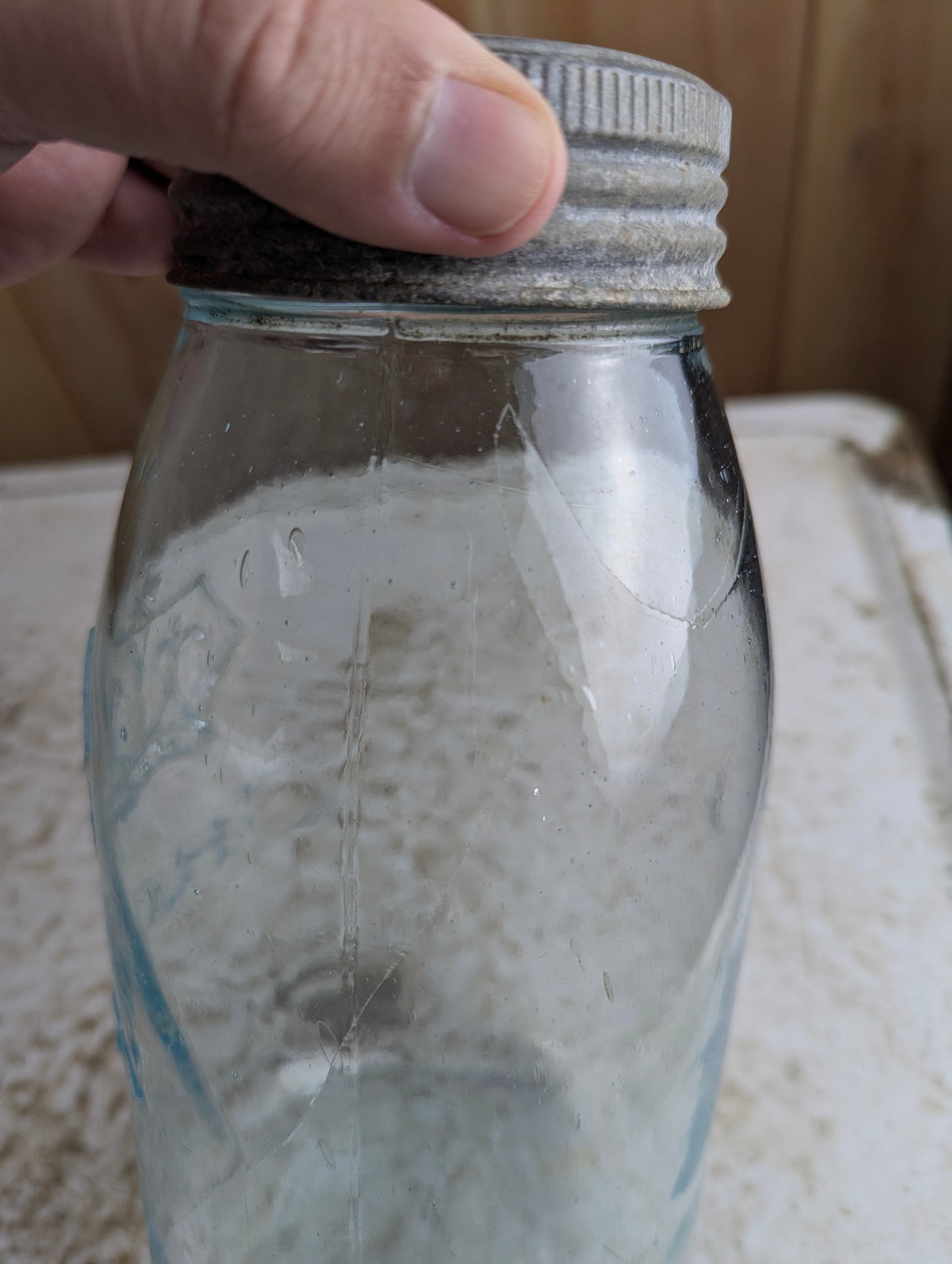 Antique Aqua Blue Glass No Dot Crown Quart Mason Jar - view 6