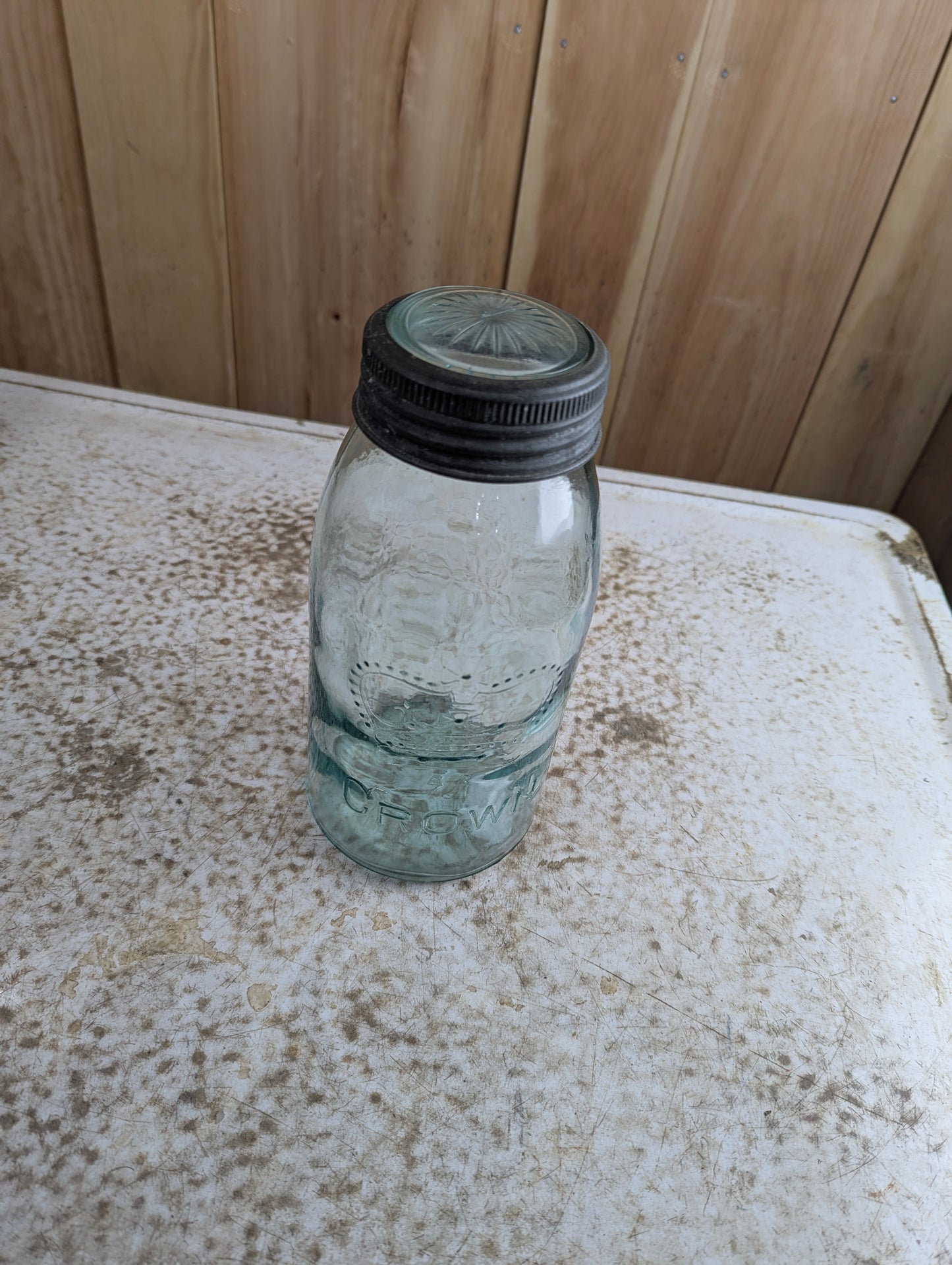 Antique Aqua Glass Crown Quart Mason Jar - view 4