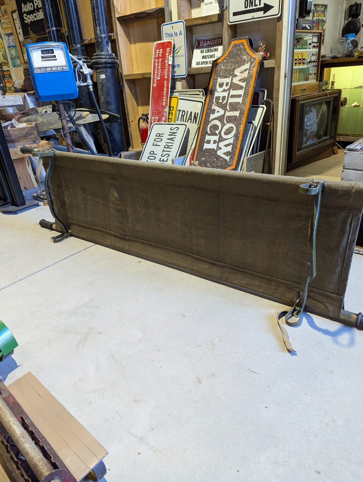 Vintage 1960s Soviet-Style Military Canvas Folding Stretcher with Metal Poles