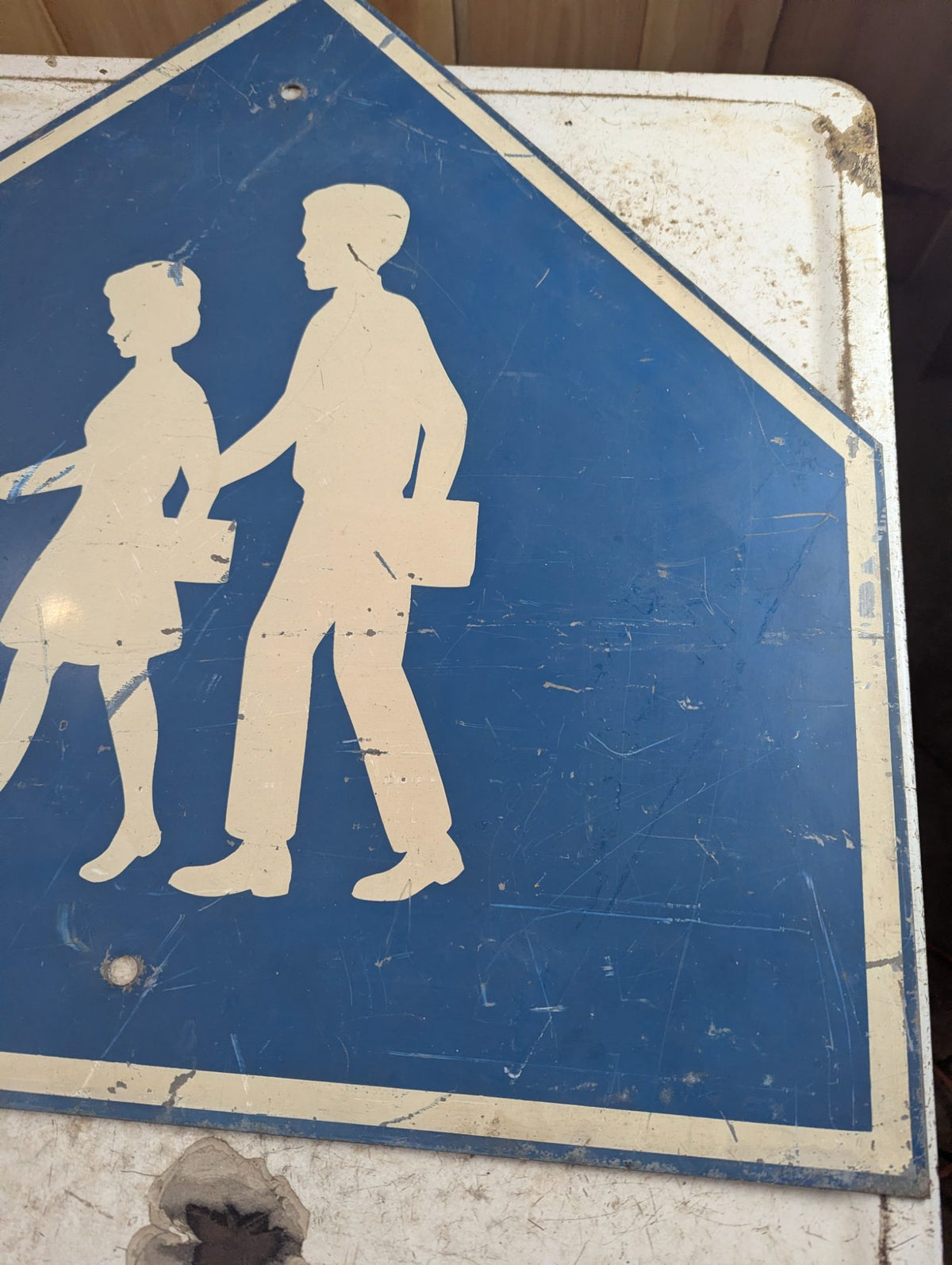 Vintage Blue and White School Crossing Sign with Children Silhouettes