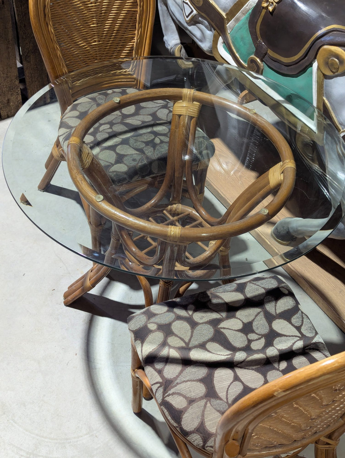 Vintage Rattan Dining Set Glass Top Table with Two Wicker Back Chairs and Cushions