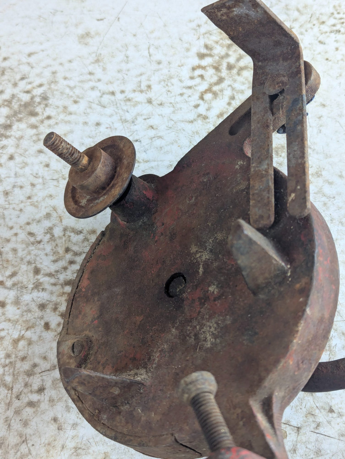 Vintage Red Cast Iron Hand Crank Tool with Wood Handle