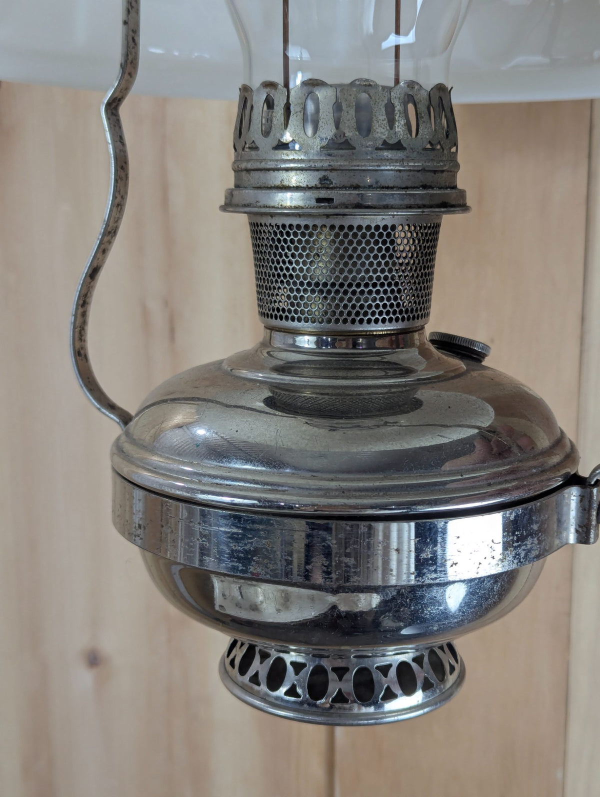 Vintage Aladdin No. 11 Nickel Hanging Oil Lamp, Milk Glass Shade 25" Tall