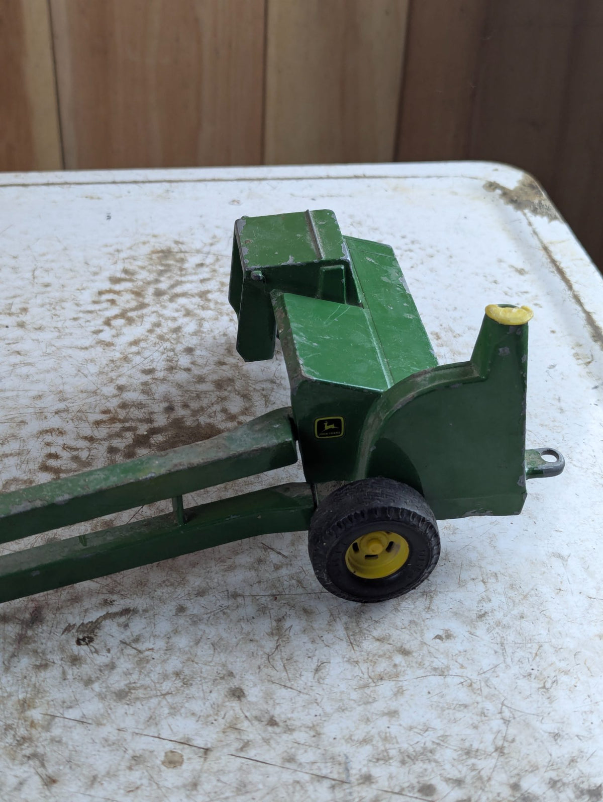 Vintage John Deere Metal Toy Tractor with Cab and Green Wagon Trailer