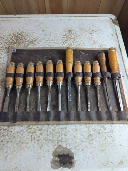 Vintage 12-Piece MOB Chisel Set in Leather Roll
