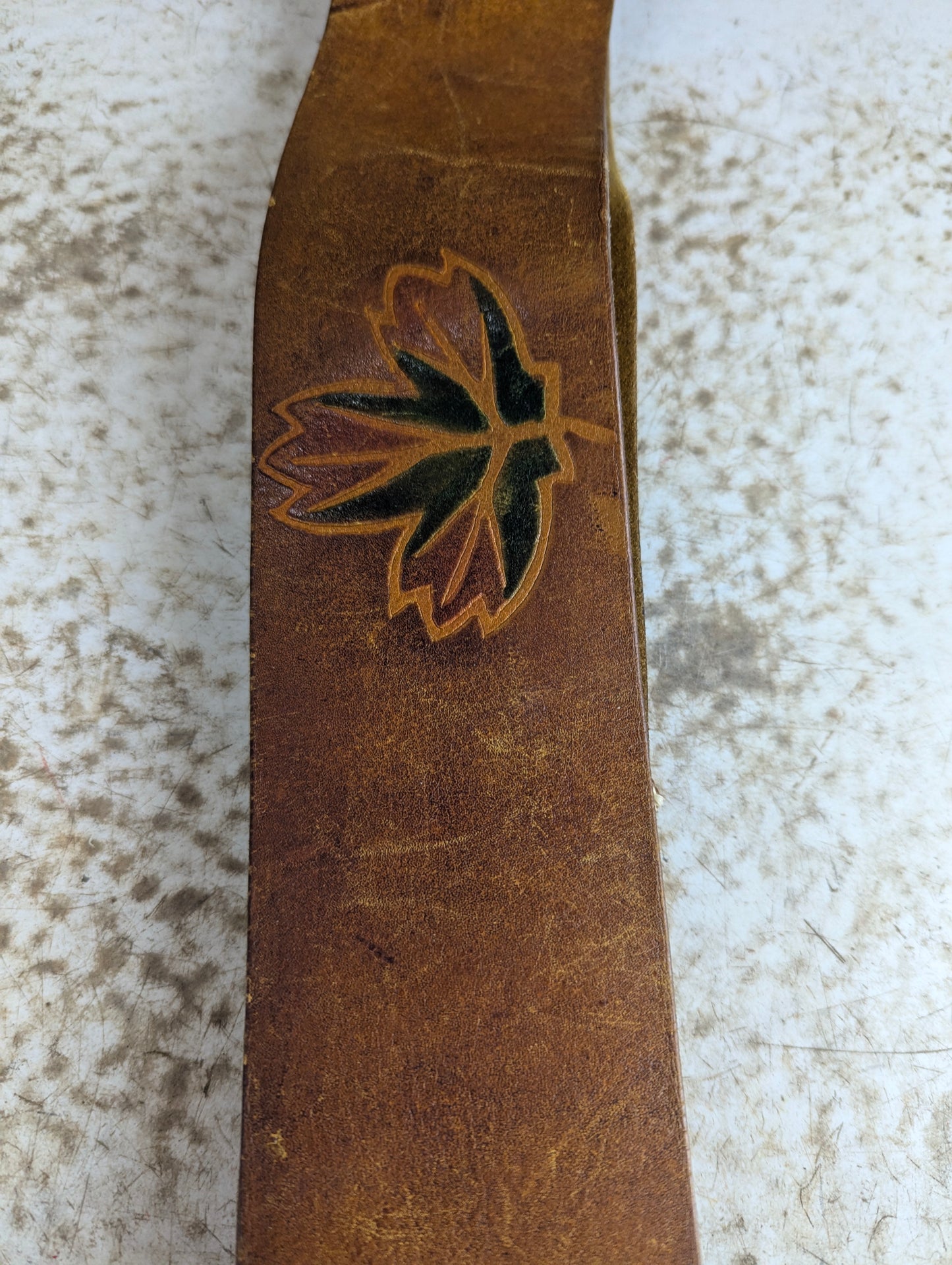 Vintage Leather Guitar Strap with Maple Leaf Design 46" Long