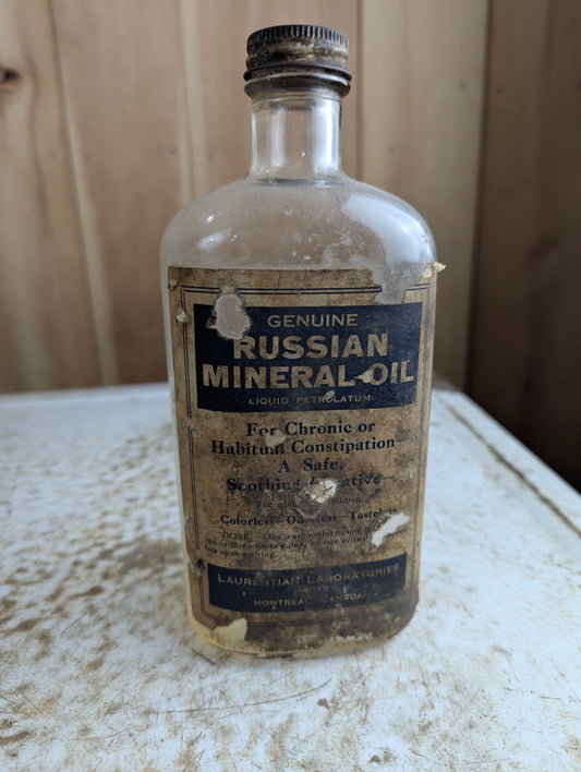 1930s Russian Mineral Oil Laurentian Laboratories Medicine Bottle with Label and cap