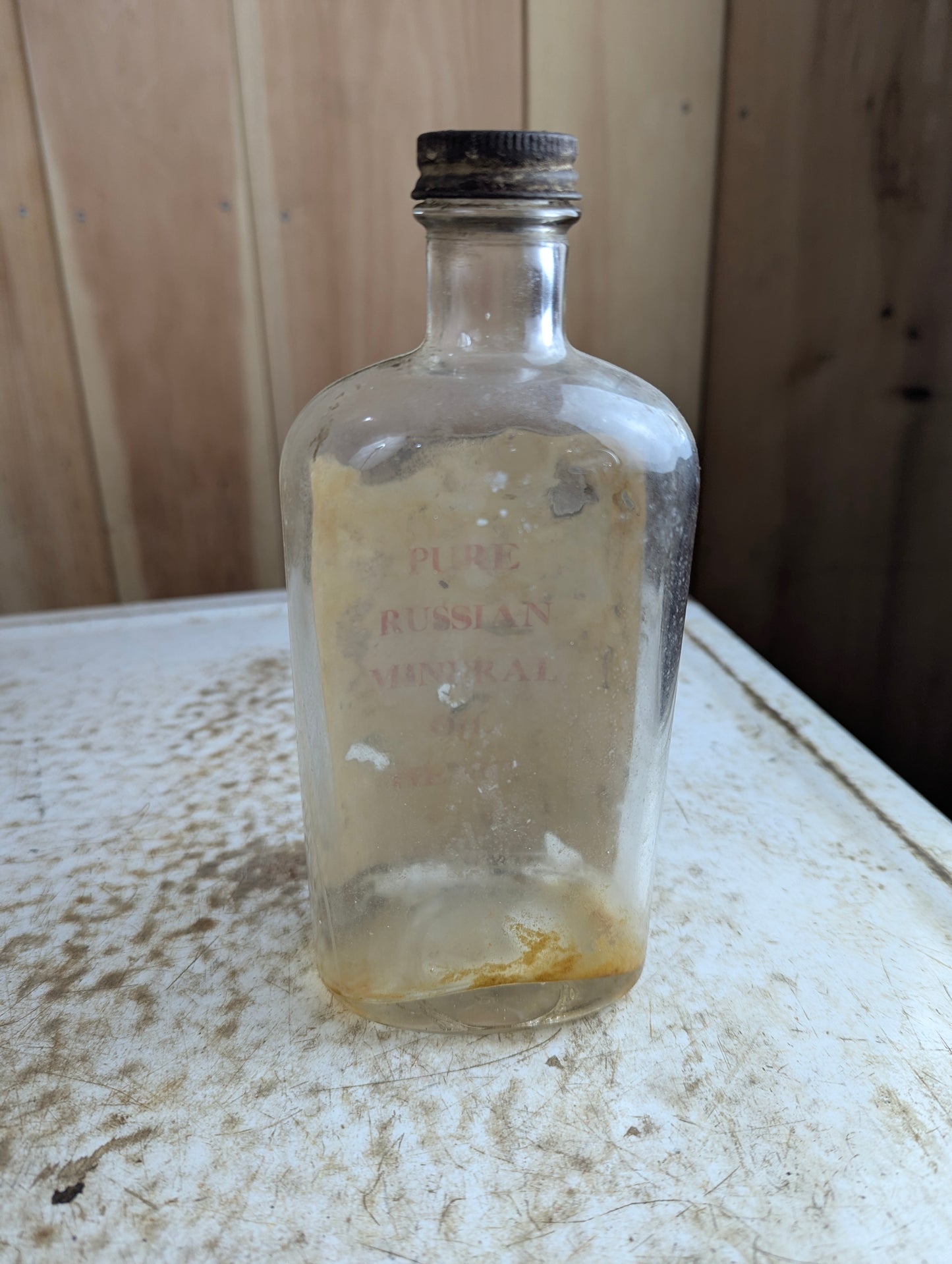 1930s Russian Mineral Oil Laurentian Laboratories Medicine Bottle with Label and cap