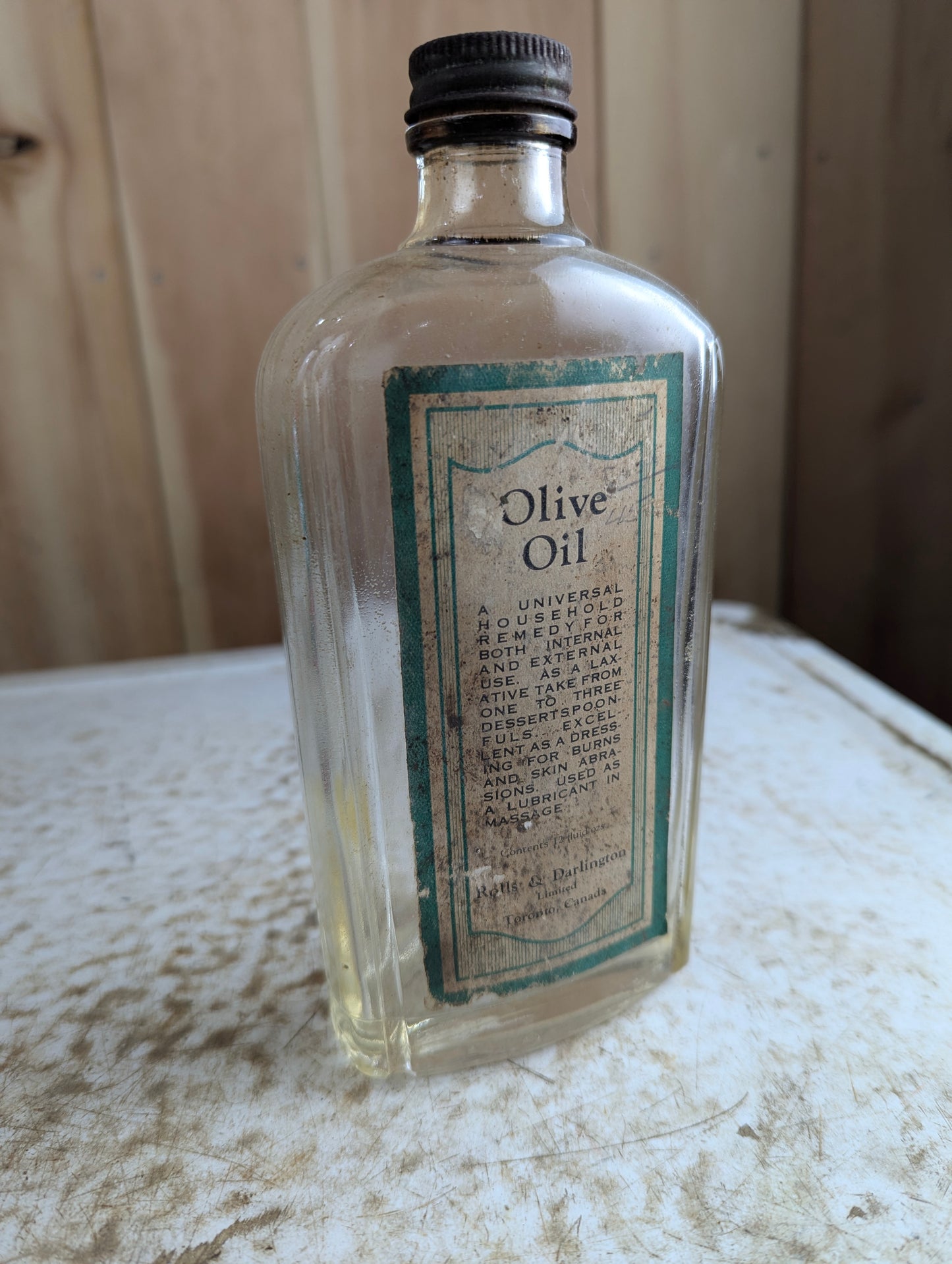 1920s Rolls & Darlington Olive Oil Medicine Bottle with Label and Cap