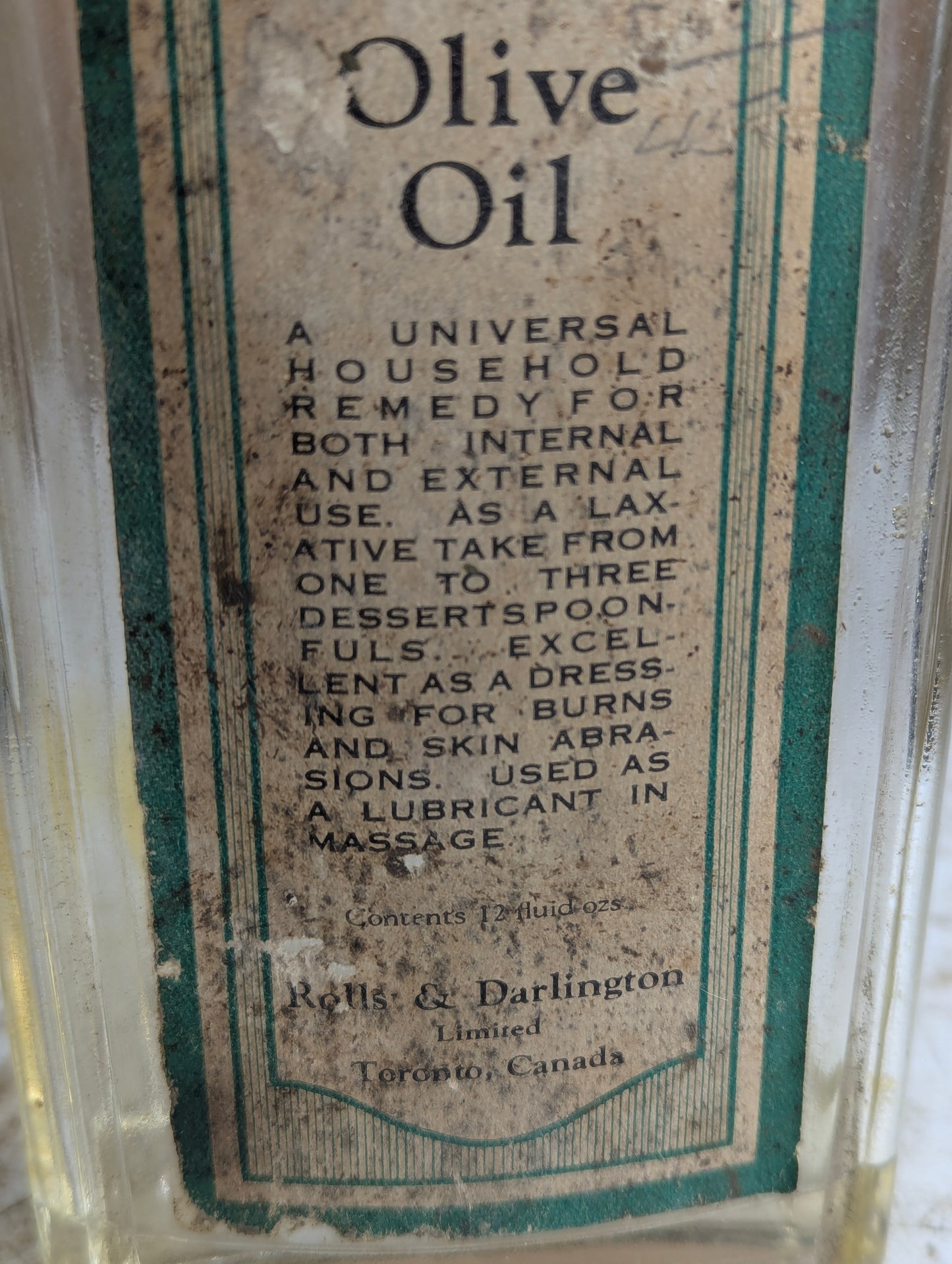 1920s Rolls & Darlington Olive Oil Medicine Bottle with Label and Cap