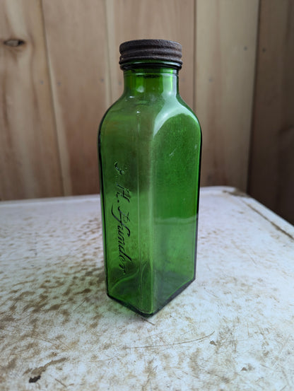 Vintage F.H. Pfunder Green Glass Medicine Bottle with Cap