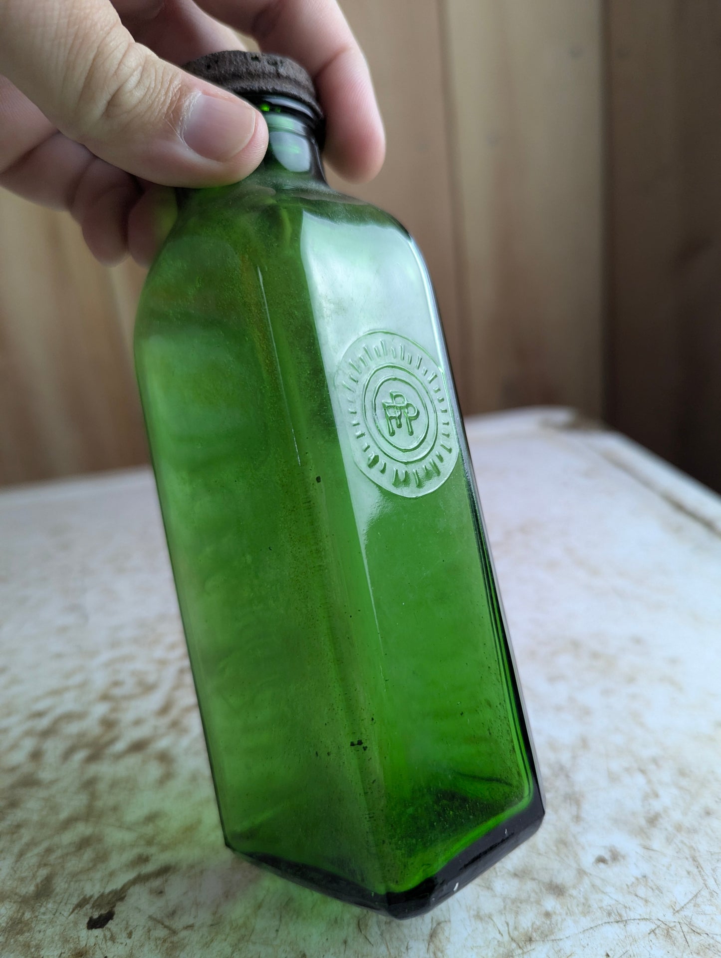 Vintage F.H. Pfunder Green Glass Medicine Bottle with Cap