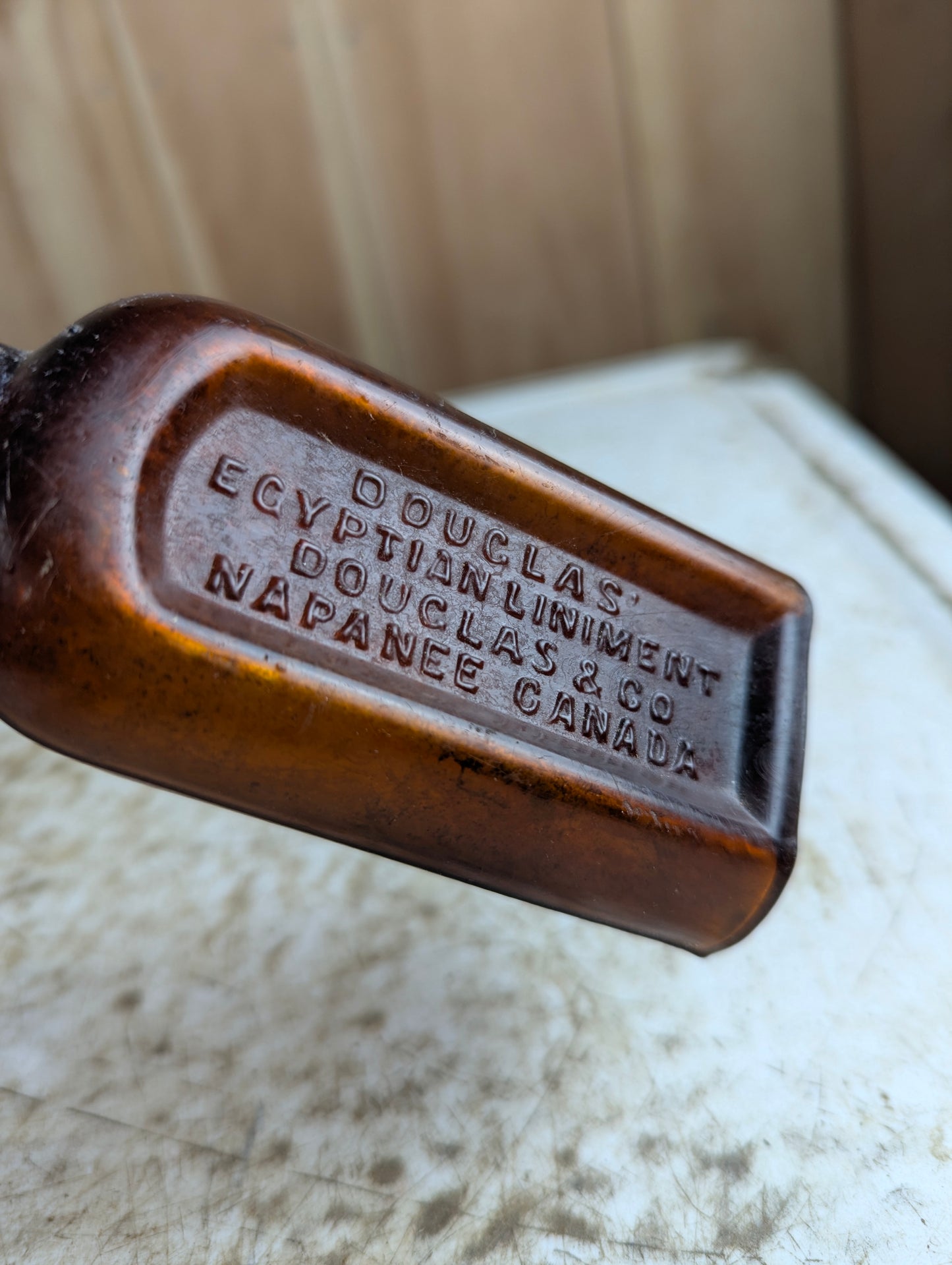Antique Douglas Egyptian Liniment Patent Medicine Amber Glass Bottle Napanee - Chipped Lip