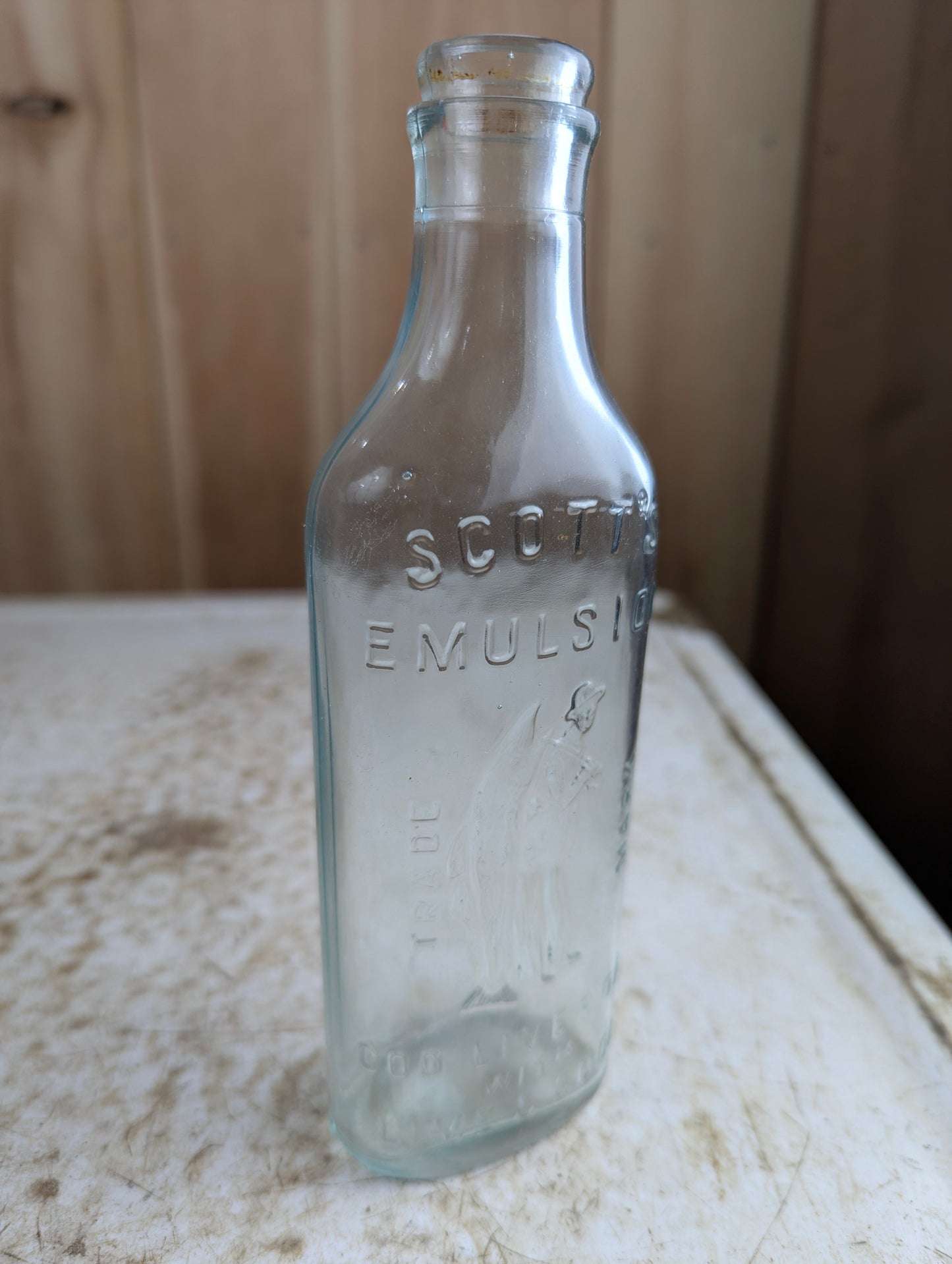 Vintage Scott's Emulsion Embossed Clear Glass Cod Liver Oil Medicine Bottle