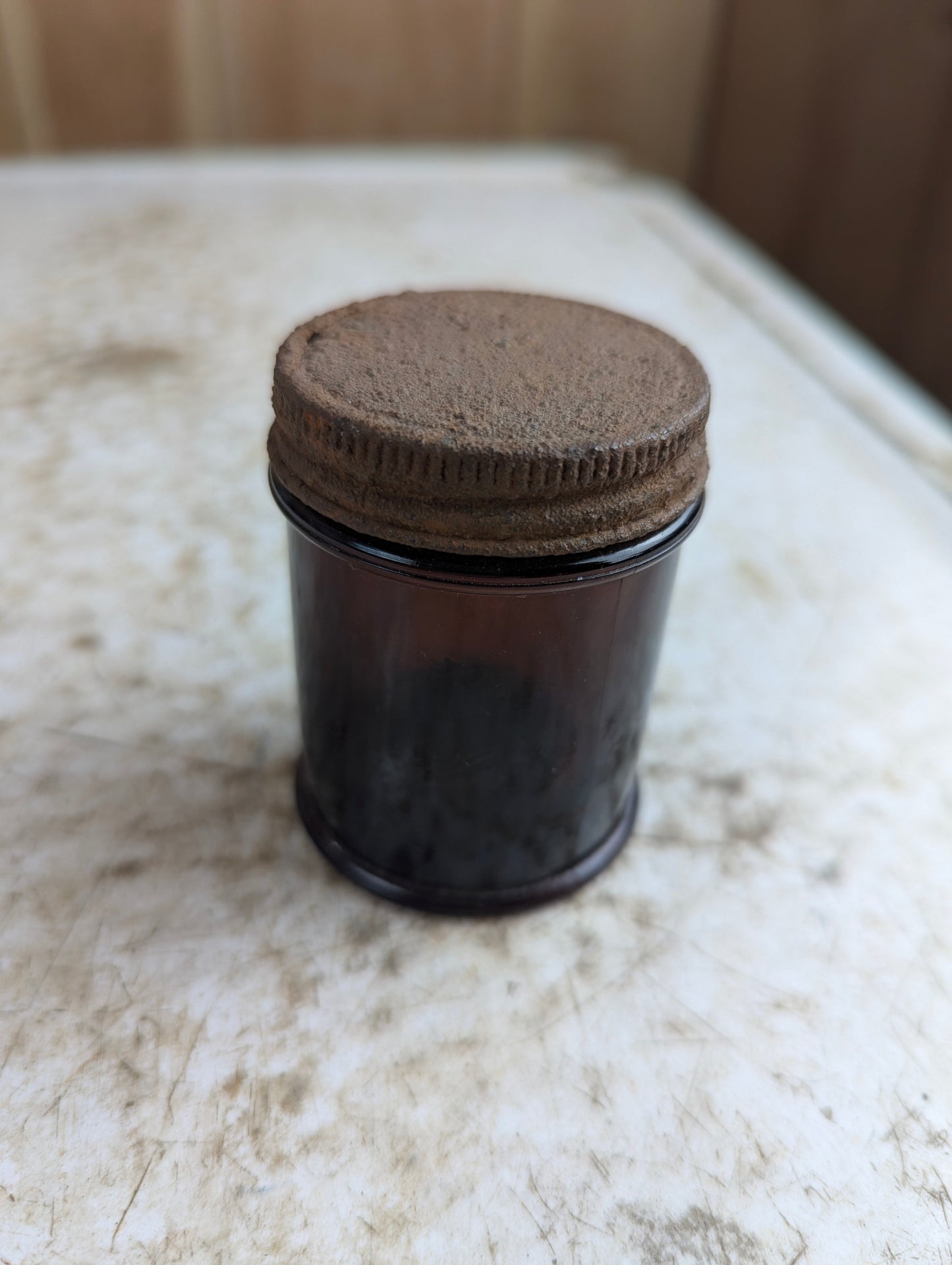 Vintage Buckley's White Rub Amber Glass Bottle with Lid