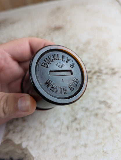 Vintage Buckley's White Rub Amber Glass Bottle with Lid