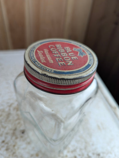 1930s Blue Ribbon Coffee Jar with Original Lid