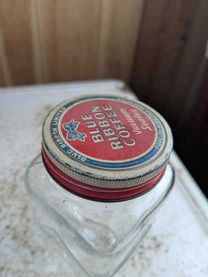 1930s Blue Ribbon Coffee Jar with Original Lid