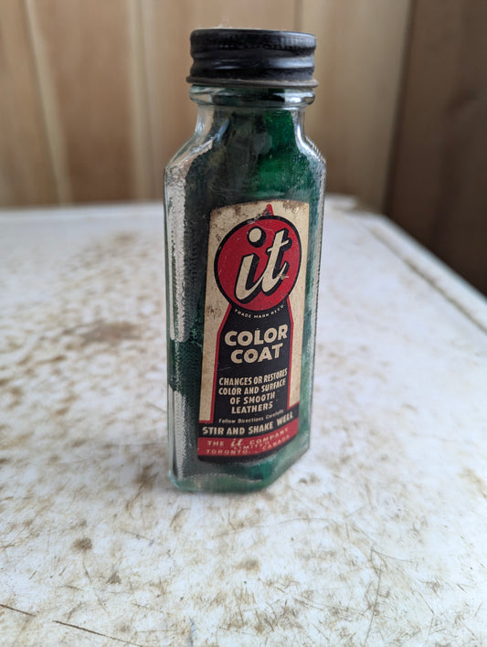 Vintage "It" Color Coat Green Leather Dye Bottle Partly Filled with Original Label and Lid