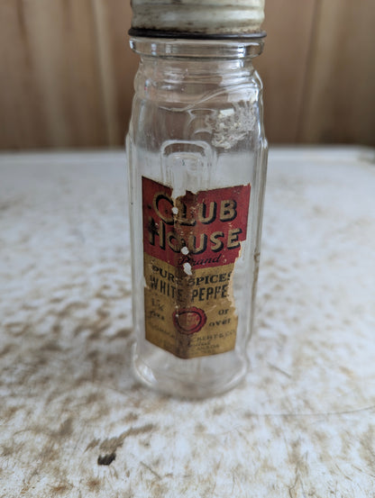 Vintage Club House White Pepper Glass Bottle With Original Label and Cap 1.5oz