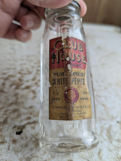 Vintage Club House White Pepper Glass Bottle With Original Label and Cap 1.5oz