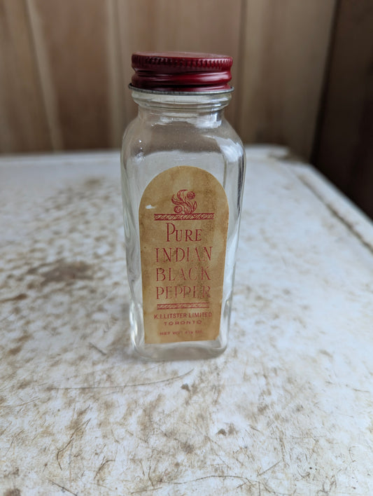 Vintage K.I. Lister 'Pure Indian' Black Pepper Bottle with Original Label and Lid