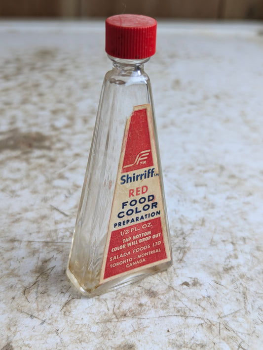 Vintage Shirriff's Red Food Color 0.5oz Glass Bottle with Original Label and Cap