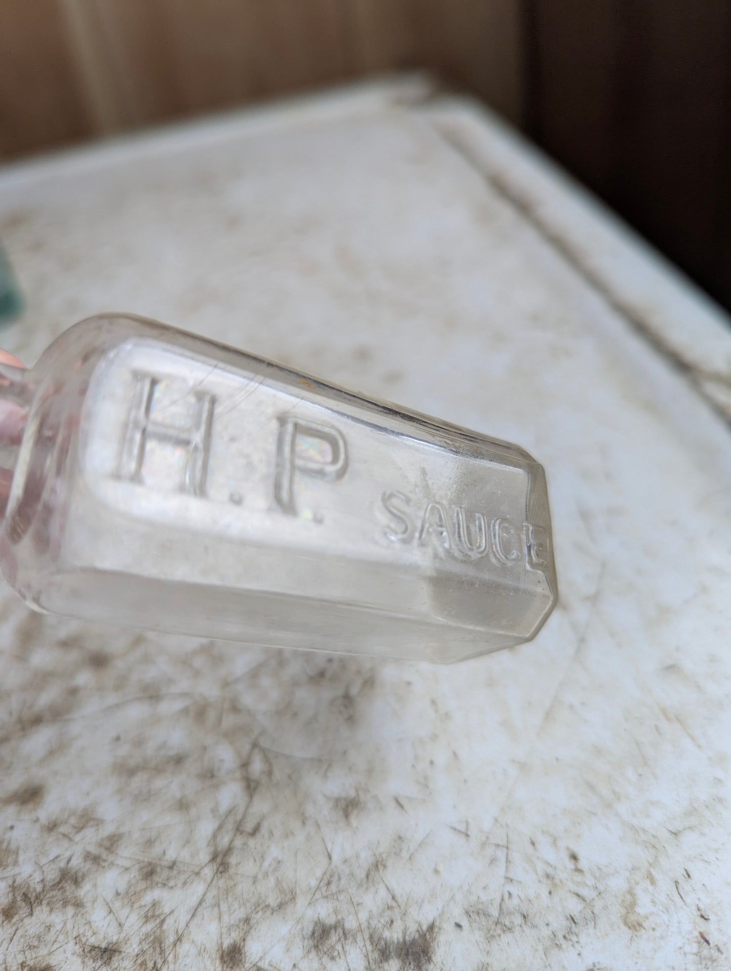 Small Antique H.P. Sauce Embossed Glass Sample Bottle