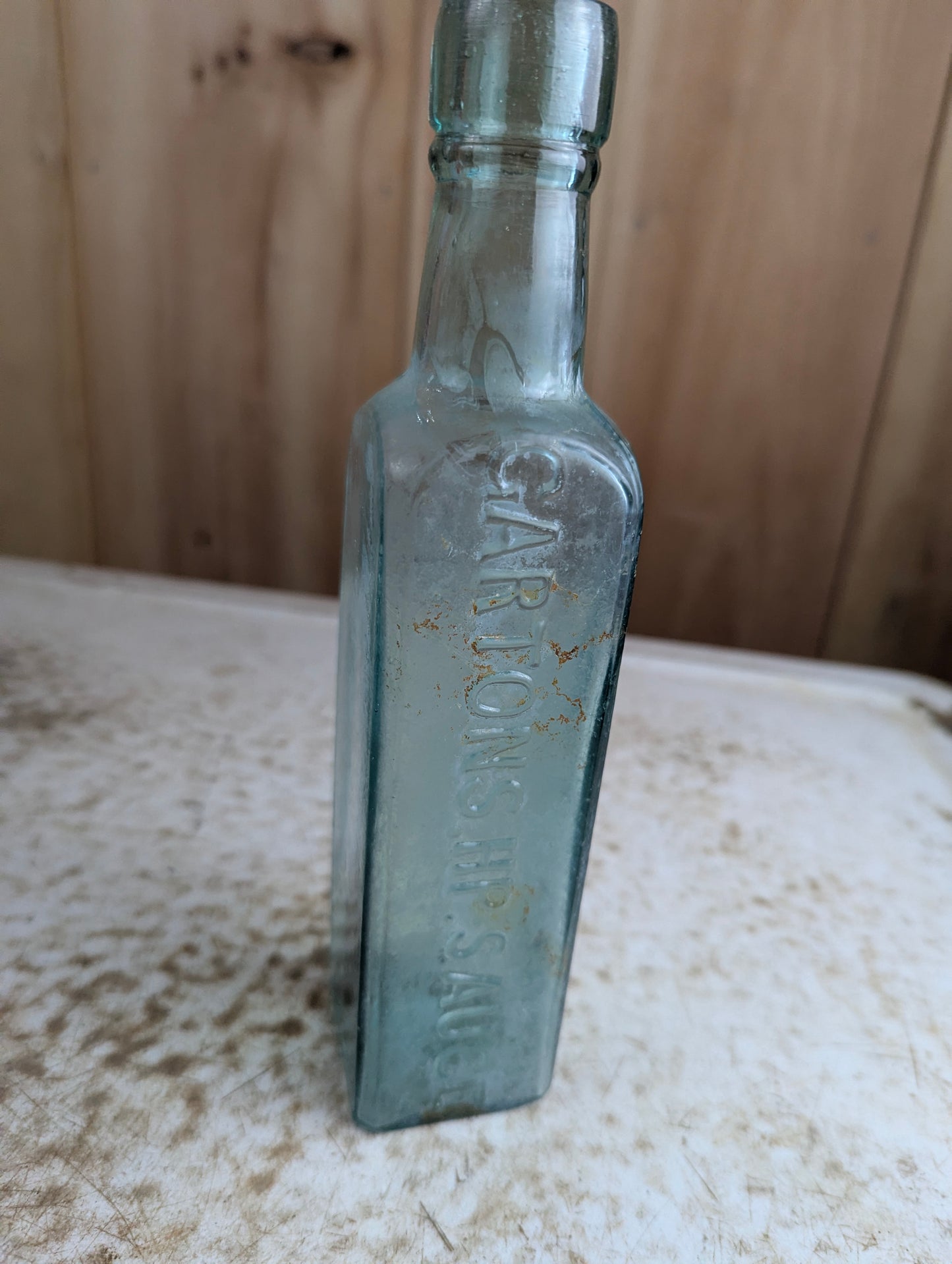 Antique 1900s Garton's HP Sauce Embossed Aqua Glass Bottle