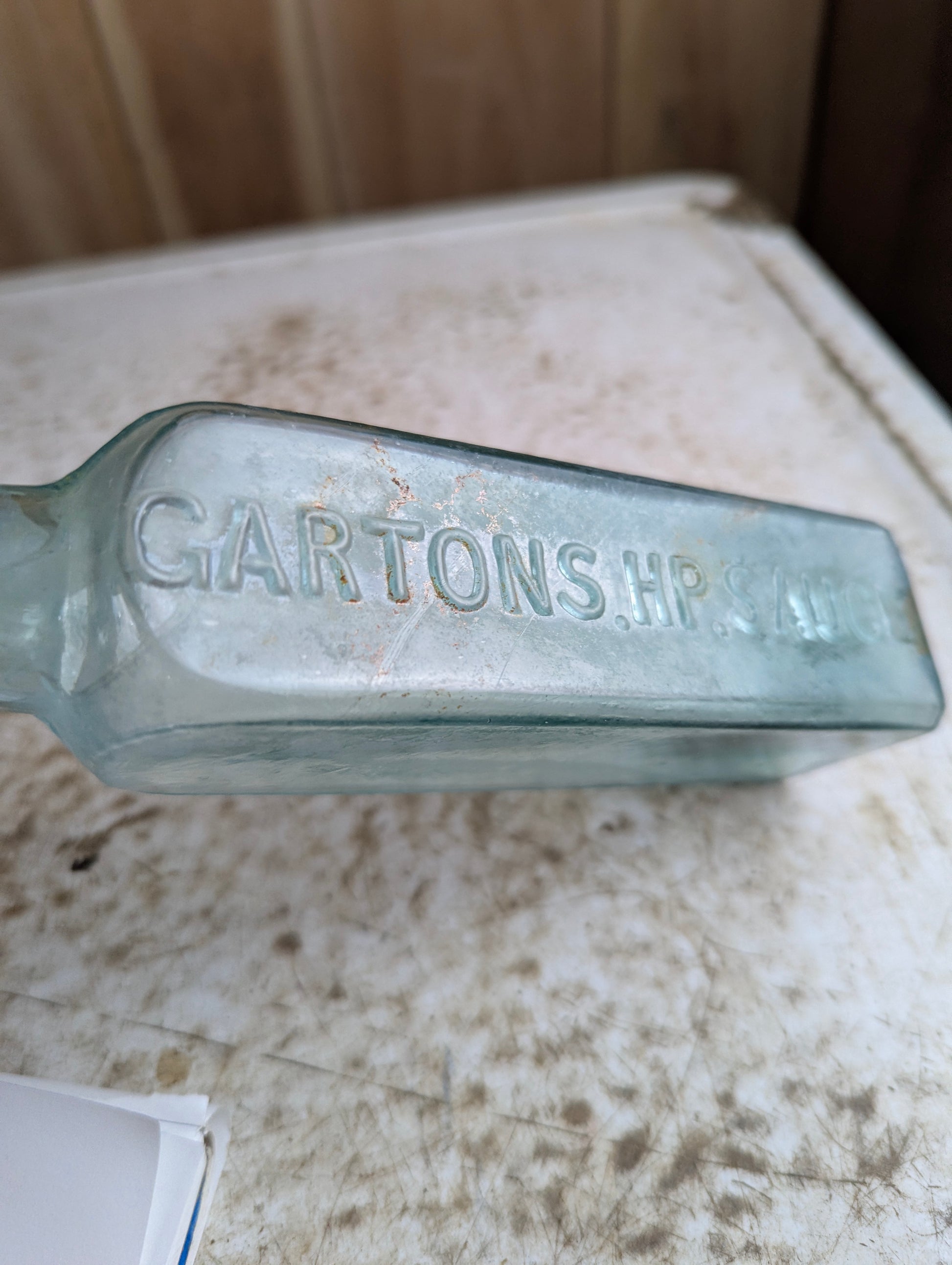Antique 1900s Garton's HP Sauce Embossed Aqua Glass Bottle