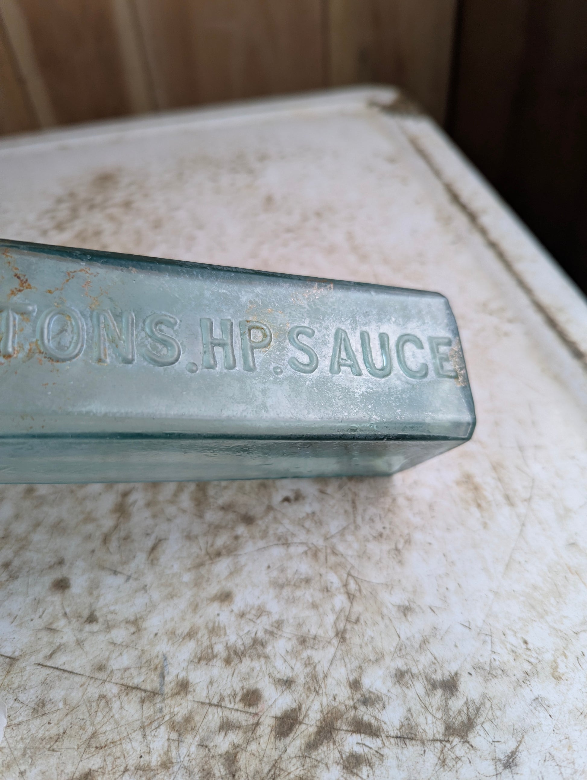 Antique 1900s Garton's HP Sauce Embossed Aqua Glass Bottle