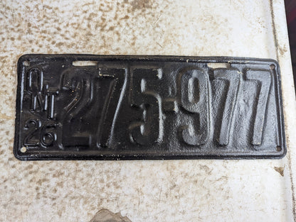 Antique 1926 Ontario Passenger License Plate