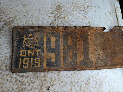 Antique 1919 Ontario Passenger License Plate