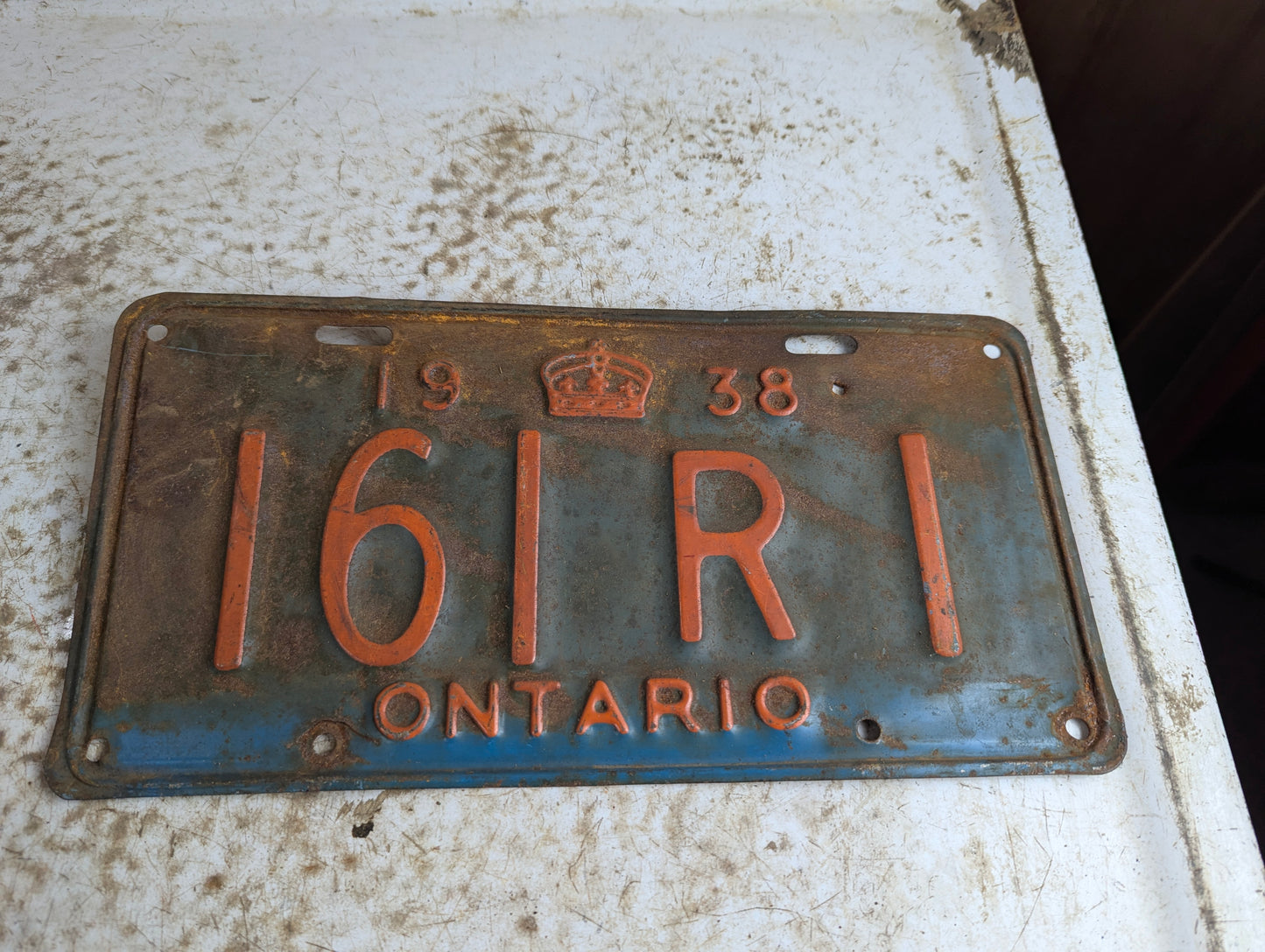 1938 Orange on Blue Ontario License Plate with Original Paint